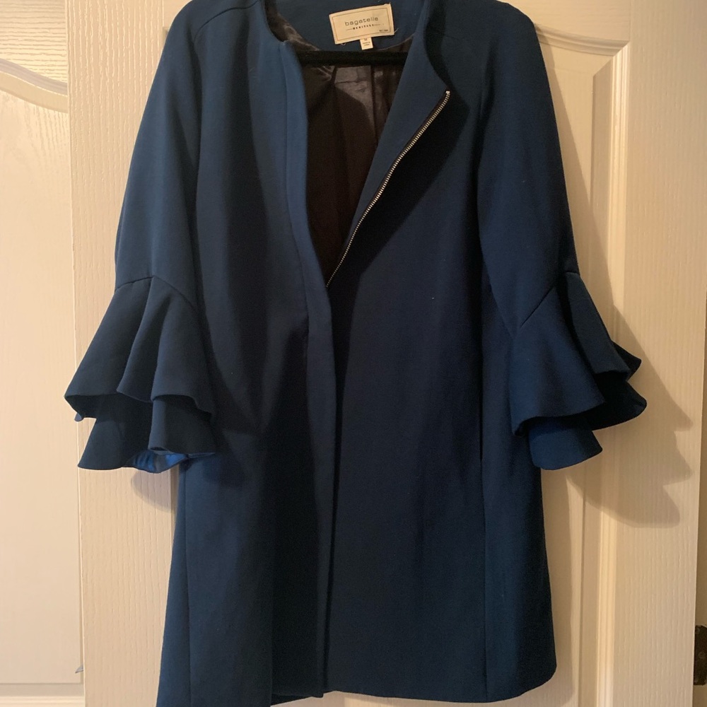 Bagatelle Heritage full zip teal coat with ruffle sleeves